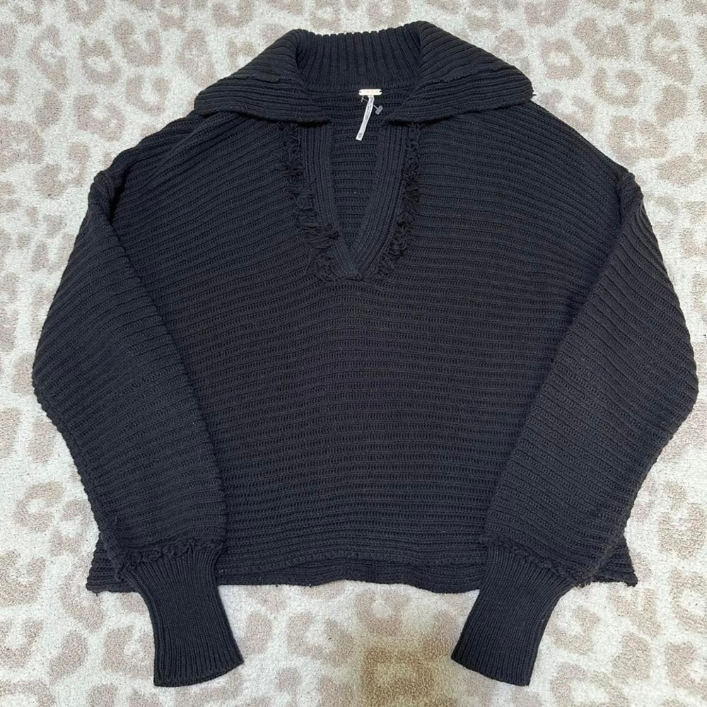 Free People Ribbed Knit Pullover Sweater Black XS V-Neck Frayed Trim